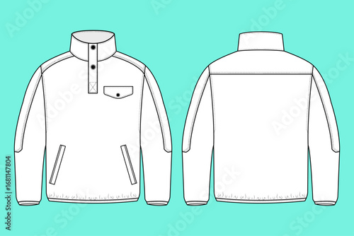 Men's Long Sleeve Funnel Neck Outerwear Jacket Fashion Flat Sketch Vector Illustration CAD Outline.