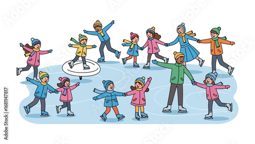 Winter's Embrace: A vibrant depiction of a group enjoying a crisp winter day on an ice rink, sharing moments of laughter, movement, and togetherness in a heartwarming, playful illustration.