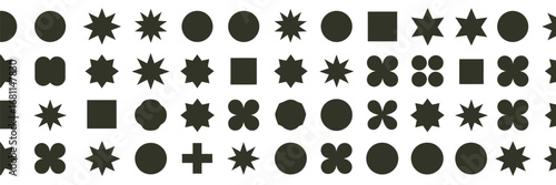 A minimalist geometric pattern design featuring a diverse collection of black shapes including circles, stars, and squares on a white background