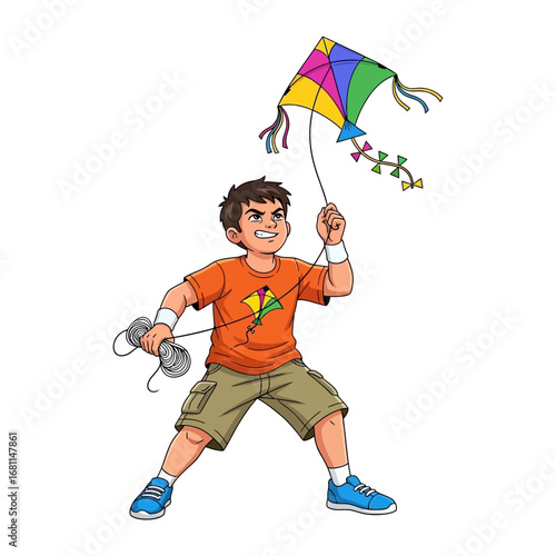 Flying High: A vibrant illustration of a young boy passionately engaged in the joyful activity of flying a kite, showcasing the exhilaration of outdoor play.