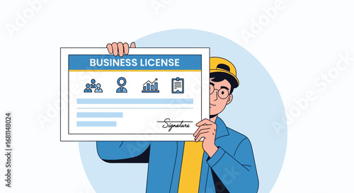 Professional builder in a hard hat proudly presenting a valid business license, symbolizing regulatory compliance and entrepreneurship
