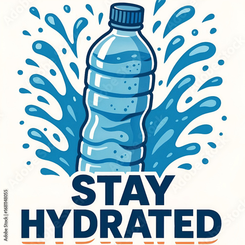 Illustration of Water Bottle with Blue Splashes and Text Stay Hydrated