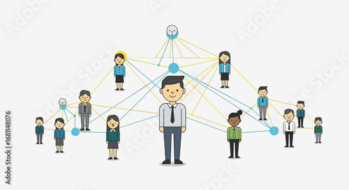 Illustration of a business organizational chart showing a hierarchical structure and team connections