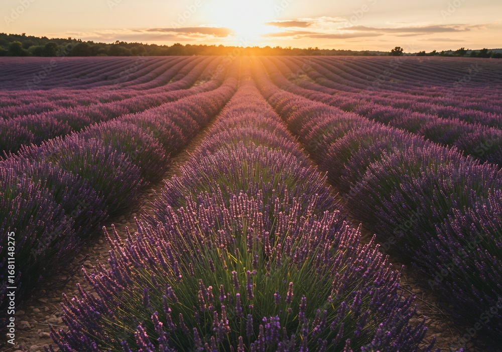 Naklejka premium 夕焼けとラベンダー畑の美しい風景写真