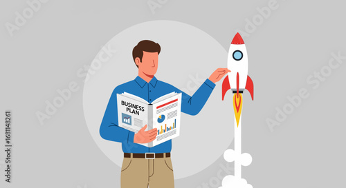 Man in blue shirt holding a business plan near a rocket launching symbolizing startup success