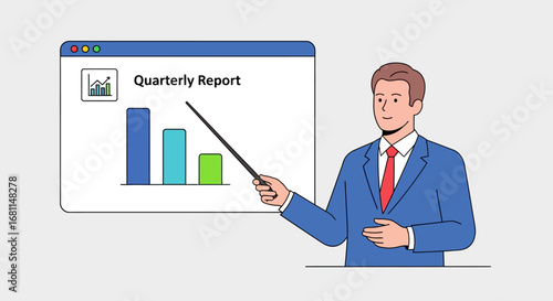 Business Man Presenting A Quarterly Report With A Bar Chart On A Computer Screen