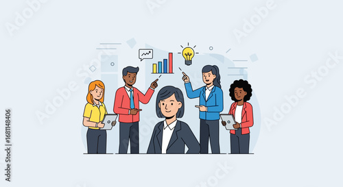 Dynamic business team in a collaborative meeting, sharing innovative ideas, analyzing data, and strategizing for successful project outcomes and future growth