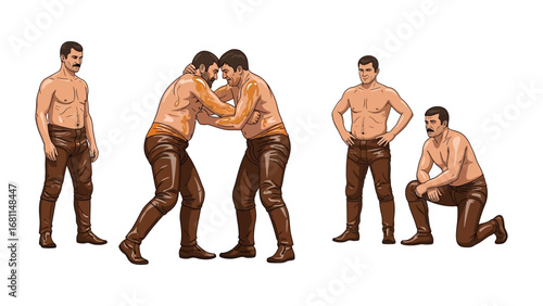 Wrestling Sport Scene: A dynamic depiction of wrestlers, engaging in the traditional sport. captured in a vibrant illustration
