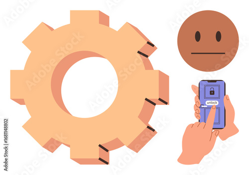 Large gear, neutral face, hand pressing unlock on phone. Ideal for technology, automation, efficiency, innovation, operations security simplification. Highlights process dynamics and modern