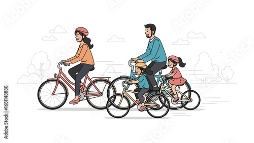 Joyful Family Bike Ride: A family of four embarks on a delightful bicycle ride under a clear sky, their shared laughter and the gentle breeze painting a picture of pure familial bliss. 