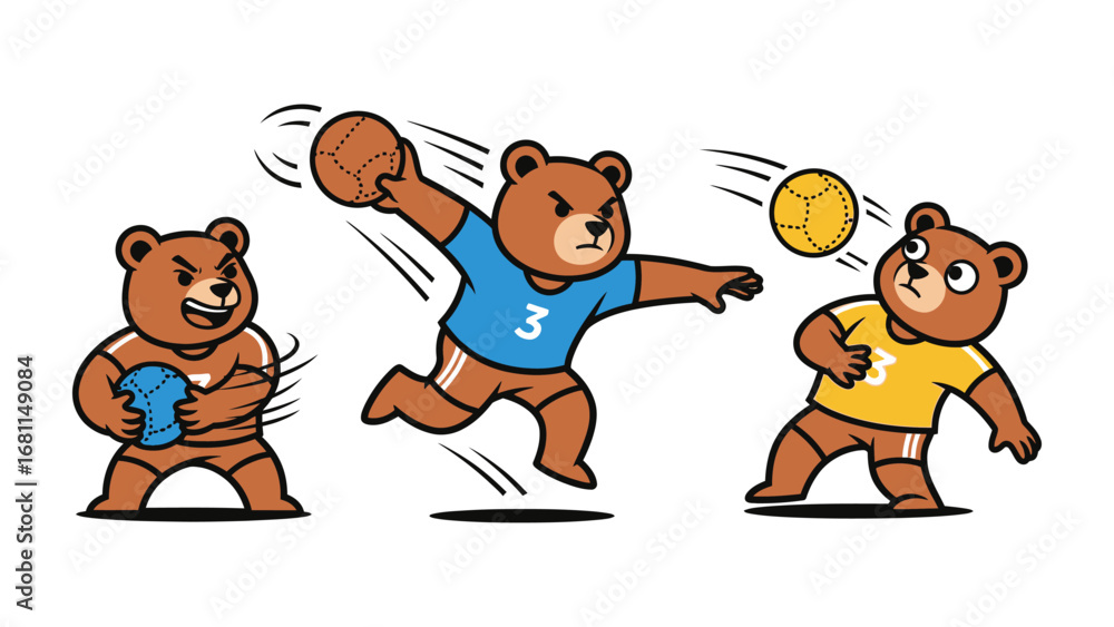 Fototapeta premium Animated Bears in Action: Dynamic illustration of animated bears engaged in a spirited game of handball. Vibrant colors and energetic poses capture the essence of sports and fun.