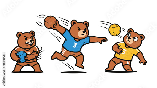Animated Bears in Action: Dynamic illustration of animated bears engaged in a spirited game of handball. Vibrant colors and energetic poses capture the essence of sports and fun.