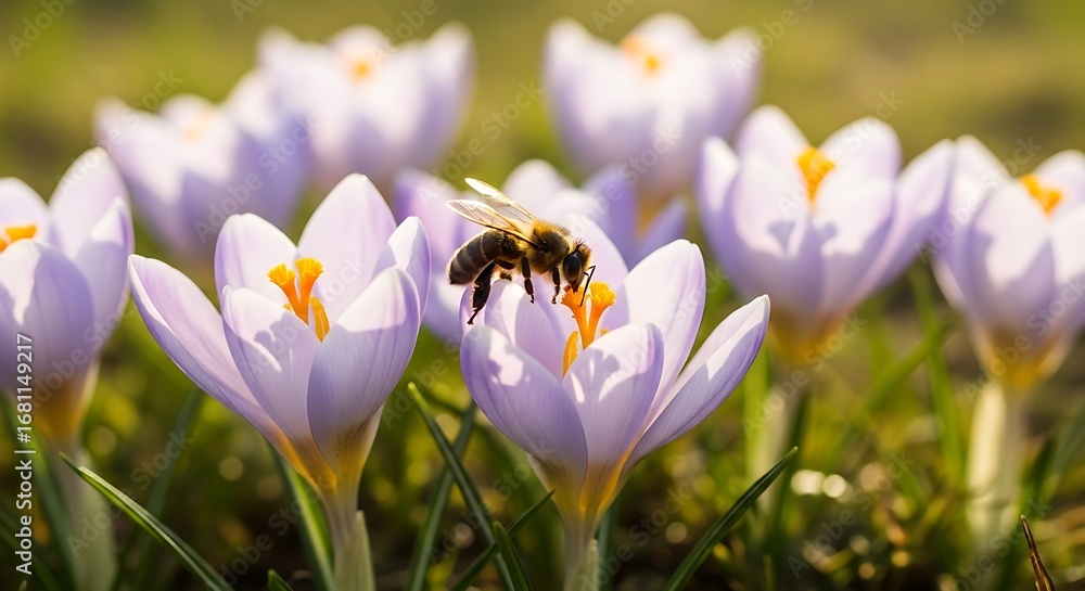 Fototapeta Bee collecting nectar from a purple crocus flower in spring.