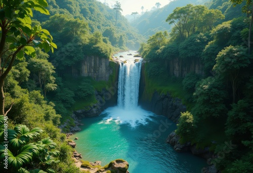 exciting aerial drone view tropical waterfall adventure hike through lush green foliage vibrant jungle landscape, nature, scenery, flora, vegetation, stream
