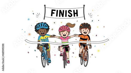 Triumph at the Finish Line: Three enthusiastic young cyclists cross the finish line, celebrating a hard-earned victory amidst colorful confetti. conveying a sense of joy, friendship.