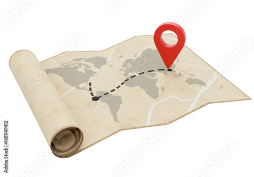 Isolated aged antique treasure map with red location pointer and travel route dotted line