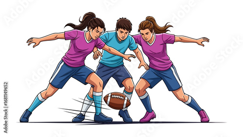Gridiron Dynamics: Dynamic illustration depicts players engaged in a thrilling football match, embodying athleticism, teamwork, and the fierce competition of sports.