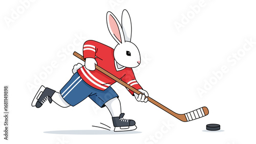 Bunny on the Ice: An adorable bunny sports a red jersey and skates, playing hockey with agility, showcasing playful illustration.