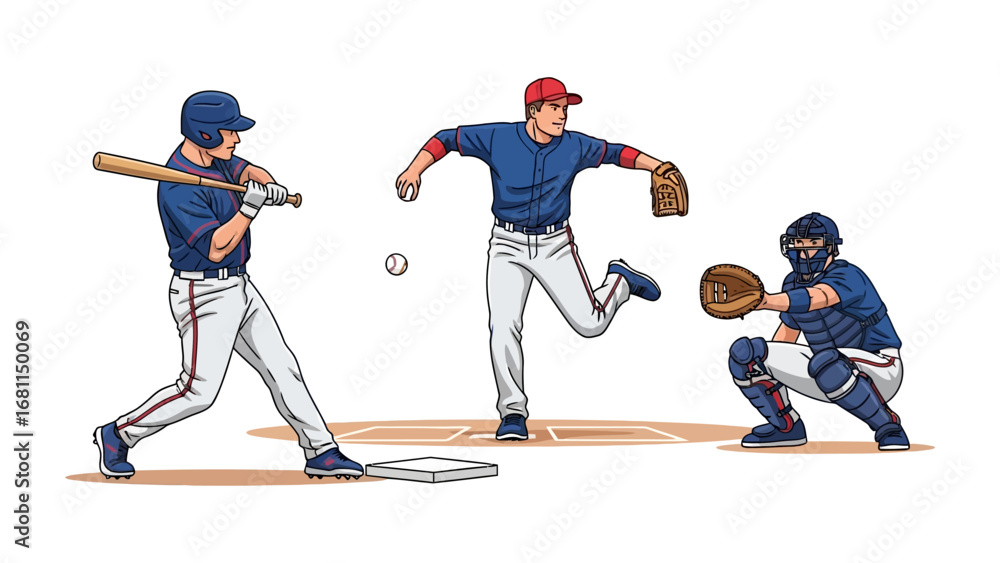 Obraz premium Baseball Action: Dynamic illustration captures a thrilling baseball game, with a batter in mid-swing, a focused pitcher launching the ball, and a catcher poised behind the plate, ready for the action.