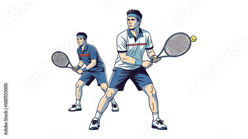 Tennis Duel: Two athletes engaged in a dynamic tennis match, embodying the essence of competition and sporting excellence, tennis ball soaring in the air.