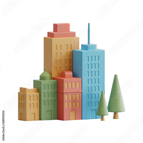 Whimsical modern cityscape with pastel skyscraper buildings and pine trees minimalist style