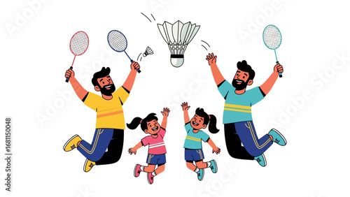 Family's Badminton Joy: In this whimsical illustration, a happy family is joyfully playing badminton, embodying the delight of sports and leisure activities.