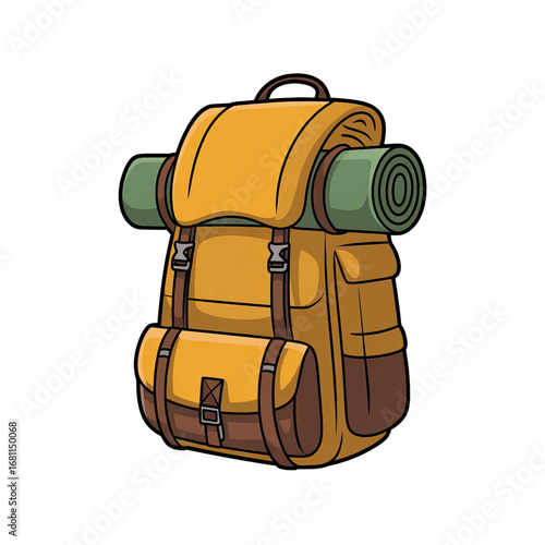 Retro canvas backpack with rolled sleeping mat ready for adventure and outdoor exploration