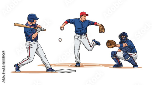Baseball Action: Dynamic illustration captures a thrilling baseball game, with a batter in mid-swing, a focused pitcher launching the ball, and a catcher poised behind the plate, ready for the action.