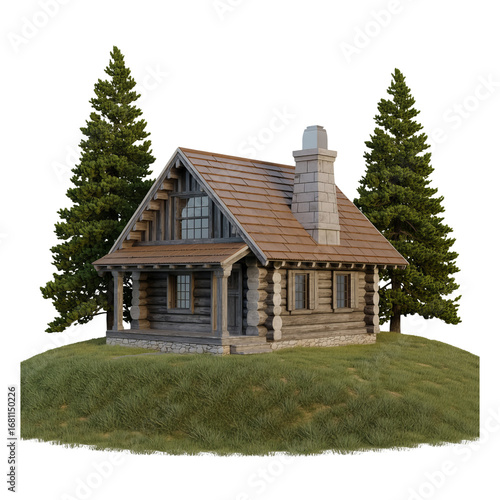 Charming rustic log cabin nestled among tall evergreen trees on a lush green hillside