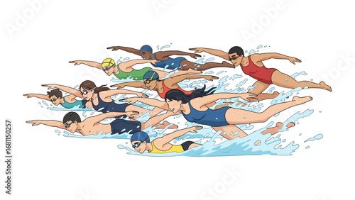 Competitive Swimmers in Action: Dynamic illustration of a diverse group of swimmers powerfully gliding through the water, showcasing determination and athletic prowess.