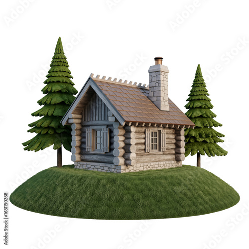 Charming rustic log cabin with tall pine trees nestled on a grassy knoll under a dark sky