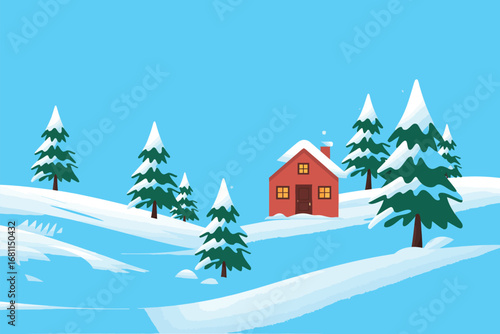 A minimalist winter landscape illustration with a cozy red cabin nestled among snow-covered pine trees on a tranquil hillside