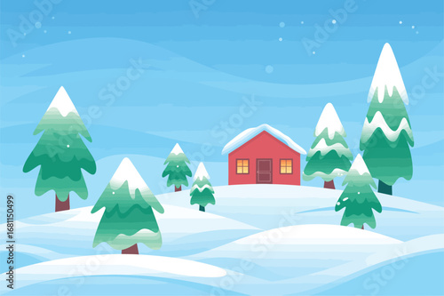 A serene winter landscape illustration featuring a cozy red cottage on a snowy hill surrounded by evergreen trees, a modern graphic design concept