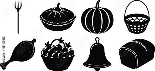 Vector art of a thanksgiving harvest with a fork, pumpkin, basket, chicken, berry, bell and bread