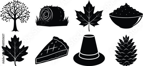Vector art of a thanksgiving scene with a tree, hay, maple leaf, bowl, pie, hat and cone