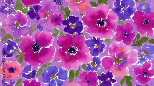 Watercolor floral pattern of pink and purple flowers and green leaves on a light purple background painted style