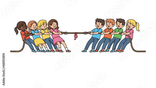 Tug of War Showdown: In a vibrant illustration, a group of diverse children engage in a spirited tug-of-war, a visual metaphor for the power of teamwork, competition, and determination.
