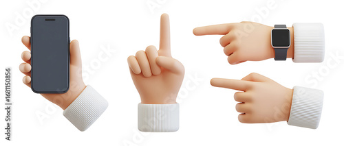 3d illustration of collection of 3d cartoon hands with smartphone and pointing fingers isolated on white isolated on transparent background