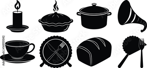 Vector art of a thanksgiving spread with a candle, pie, pot, horn, cup, plate, bread, fork and knife