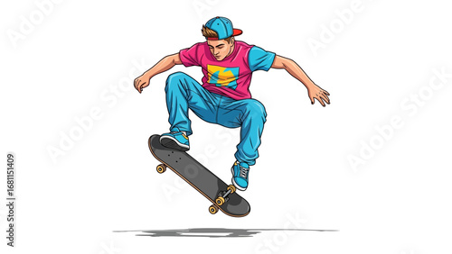 Skateboarder in Action: An animated depiction of a skateboarder executing a dynamic trick, showcasing skill, speed, and vibrant urban flair.