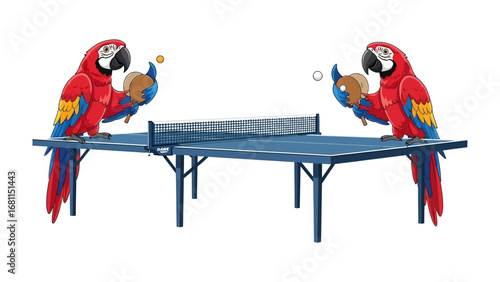 Parrots playing ping pong: Two vibrant macaws engage in an animated game of table tennis, the scene infused with a whimsical charm and playful energy.