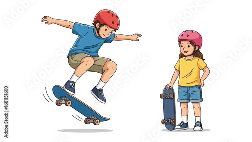 Skateboarders : Two young skateboarders, one mid-air performing a trick and another preparing with their skateboard, embody the thrill of skateboarding, with vibrant illustrations.