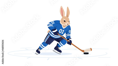 Hockey Bunny: A cute cartoon rabbit dressed in a hockey uniform skillfully shoots the puck on the ice.