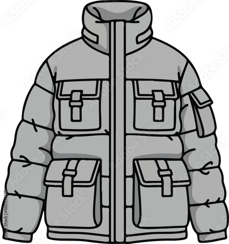Fashion illustration of a grey puffer jacket with multiple pockets