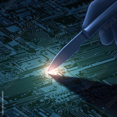 Hand operating scalpel on circuit board