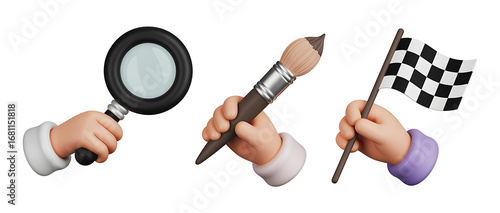 3d illustration of hands holding magnifying glass, paintbrush and checkered flag isolated on transparent background