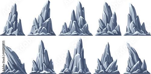 Collection of ten sharp blue ice formations against a white background
