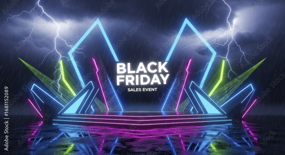 Obraz premium Energetic Black Friday Sales Event with Glowing Neon Stage, Rain, and Dramatic Lightning Strikes