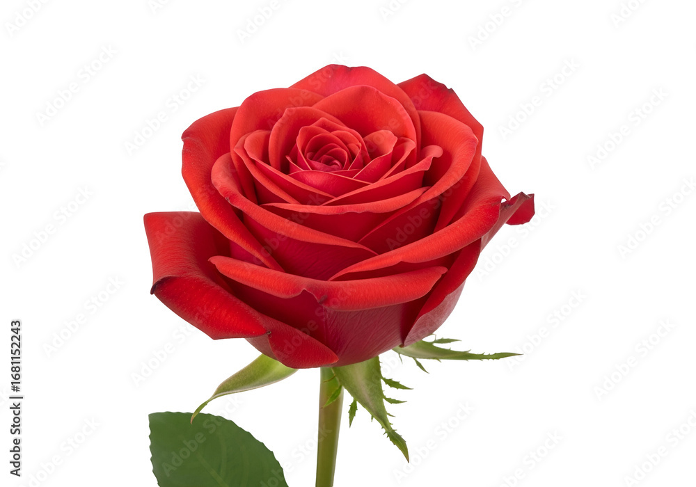 Fototapeta premium A vibrant, deep red rose, exquisitely detailed, stands out against a stark black background.