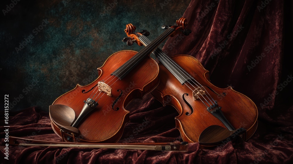 Fototapeta premium Two violins and a bow are arranged on a draped velvet cloth against a textured backdrop.